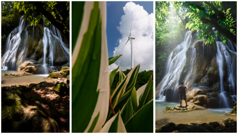 Triptych of a cascading waterfall in a lush forest setting with a wind turbine and plant details in the middle panel.