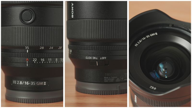 Three close-up views of a Sony FE 2.8/16-35 GM II lens showing the barrel, focus ring with distance markings, and front optical element.