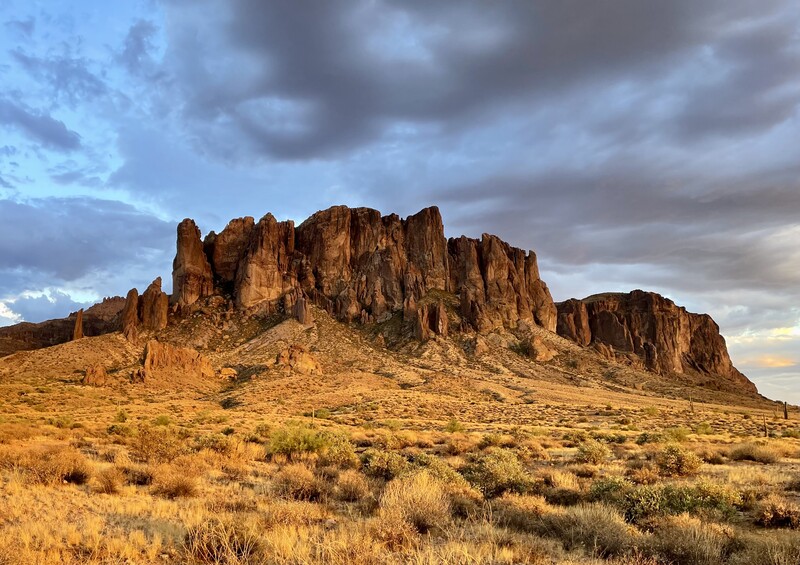 Superstition Mountains at Sunset with clouds