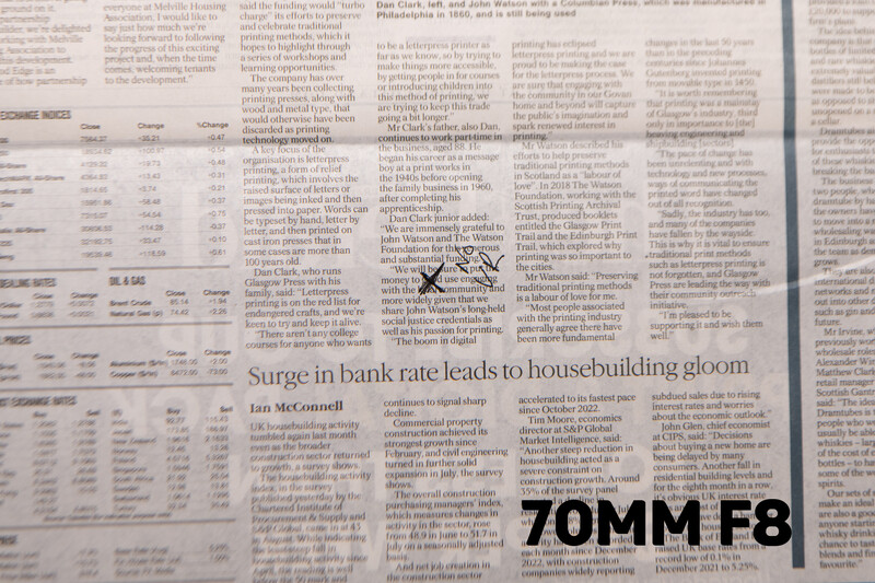 Newspaper pages with text columns and a headline about bank rates and housebuilding, with "70MM F8" lens specification overlaid in large black text.