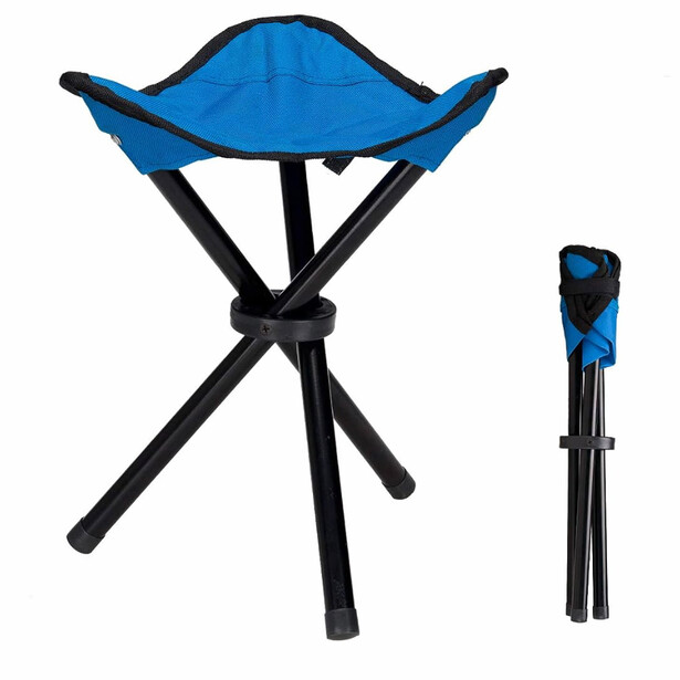 Portable tripod stool with blue fabric seat and black folding legs, shown both assembled and collapsed.