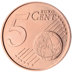 Close-up of a 5 euro cent coin showing the denomination and globe design against a plain background.
