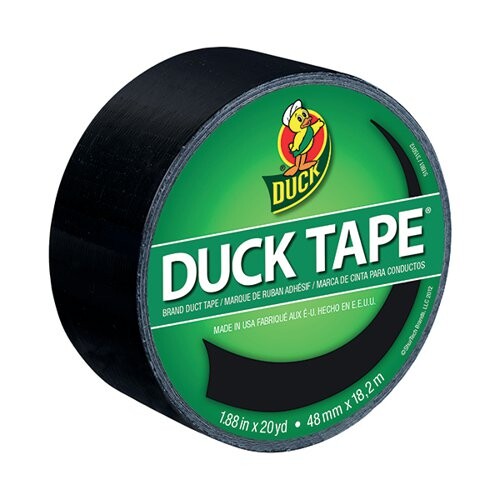 Roll of black Duck Tape with green branded label and packaging visible against white background.