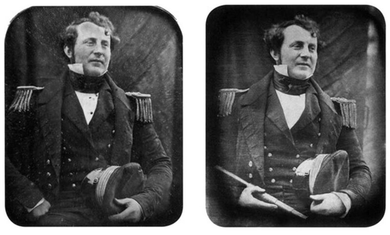 Two daguerreotype portraits of a military officer in dress uniform, shown side by side with slight variations in pose and hand position.