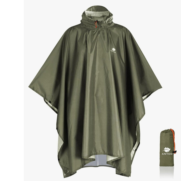 Olive-green waterproof poncho with hood displayed flat, showing full front view and compact packed size in matching stuff sack.