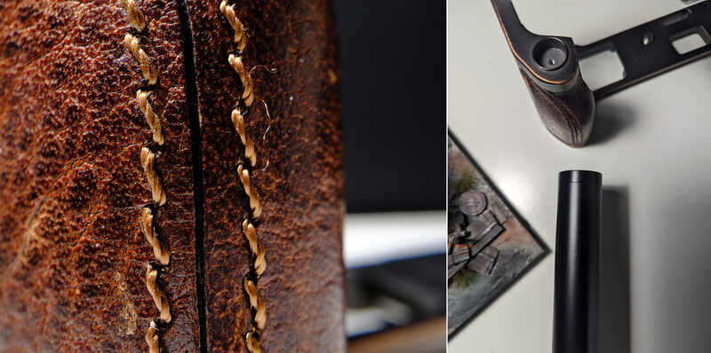 Close-up of brown leather with golden stitching detail and photography equipment.