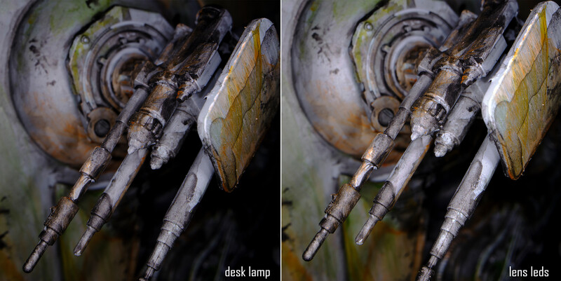 Side-by-side comparison of industrial fuel injectors photographed with desk lamp versus lens LEDs lighting.