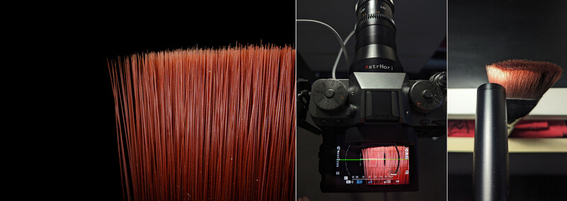 Close-up of red synthetic brush fibers against black background with camera setup and detail shots.