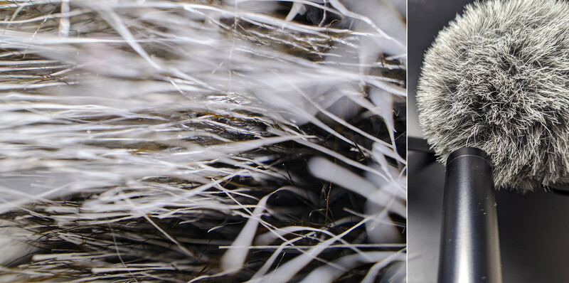 Side-by-side comparison of wind noise in audio recording: left shows blurred grass and reeds in motion, right shows a fuzzy windscreen on a microphone boom.