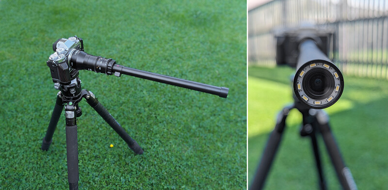 Telephoto lens mounted on tripod with head, shown from side and front views against green background.