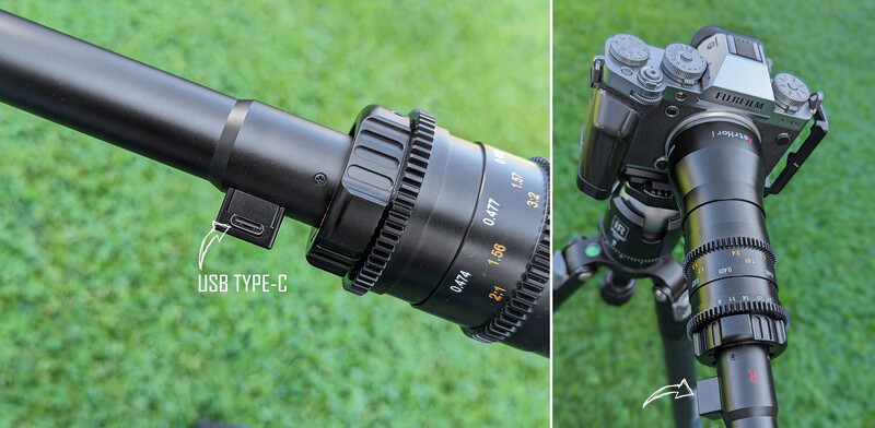 Cinema lens with USB Type-C connection mounted on camera with focus markings visible.