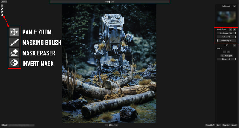 Screenshot of photo editing software showing masking and brush tools applied to an off-road vehicle image.