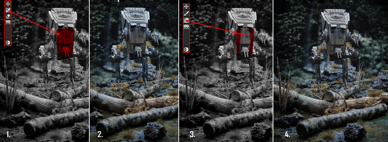 Four-panel comparison showing the same mechanized walker robot with different color grading and post-processing treatments.
