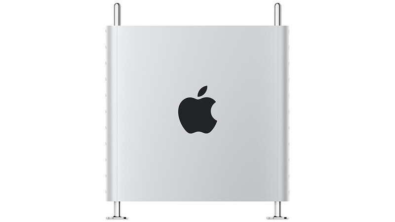 Mac Pro desktop computer with silver aluminum enclosure and Apple logo, shown from front view with feet and top handles visible.