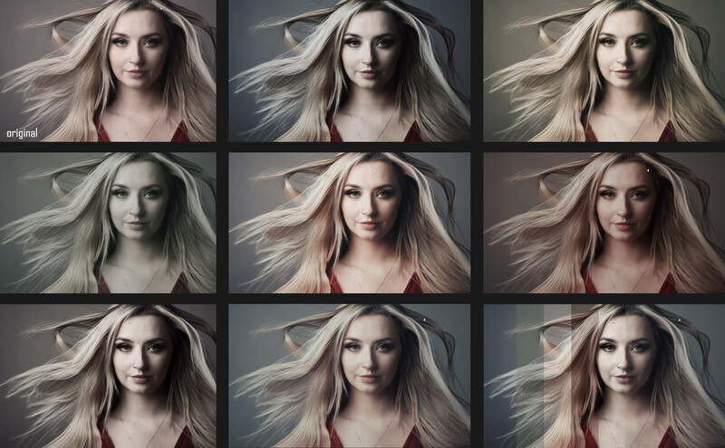 Grid of nine portrait variations showing the same woman with different lighting, color grading, and atmospheric effects applied.