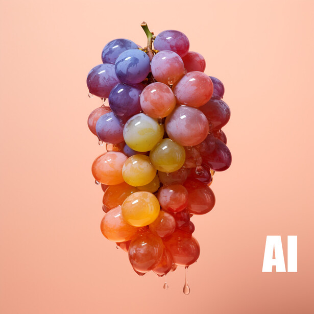 Bunch of grapes with gradient colors from deep purple at top to red and orange at bottom against peachy background.