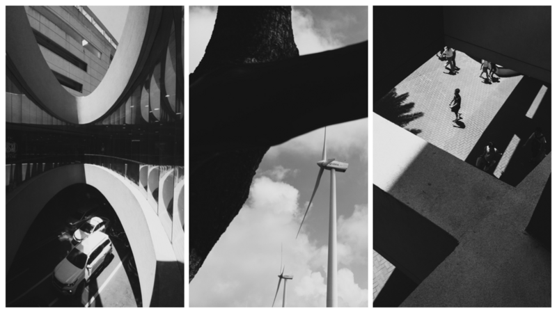 Black and white architectural photography triptych featuring curved brutalist structures, wind turbines, and overhead perspectives.