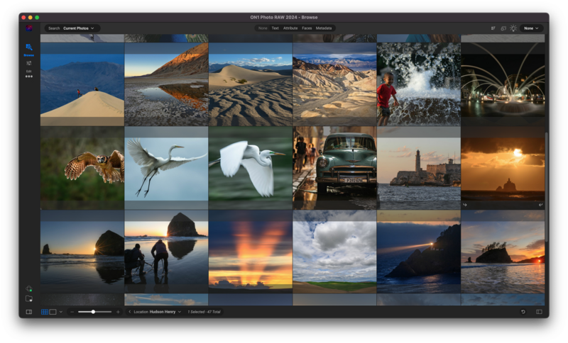 Screenshot of DXO PhotoLab 2023 displaying grid of landscape and nature photographs