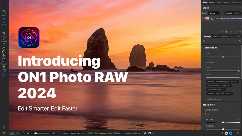 Screenshot of ON1 Photo RAW 2024 software interface with sunset coastal landscape image.
