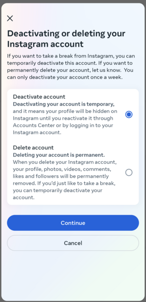 The deactivate account and delete account options in Instagram