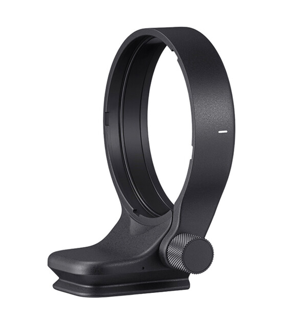 Black camera lens hood with stand and adjustment knob on white background.