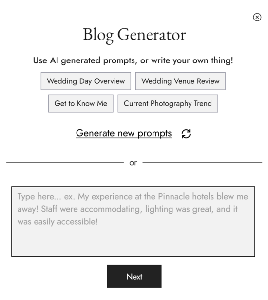 Screenshot of a blog generator interface with AI prompt options and a text input field.