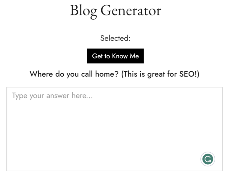 Screenshot of a blog generator interface with a text input field for answering "Where do you call home?".