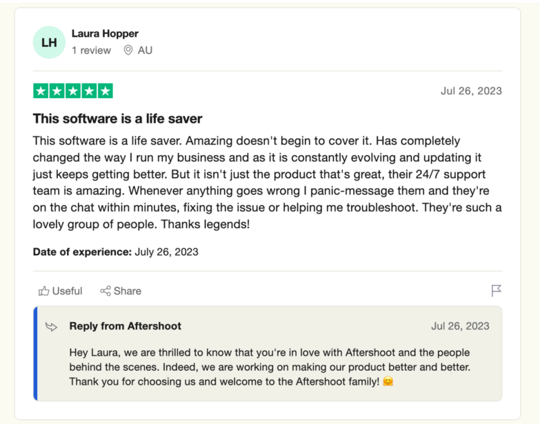 Screenshot of a five-star software review posted on July 26, 2023, praising customer support and product reliability.