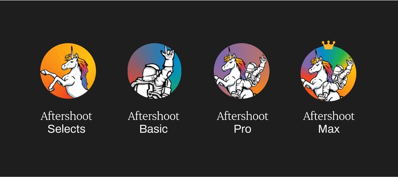 Illustration showing four tiers of Aftershoot software products, from Selects to Max, each featuring a unicorn mascot.