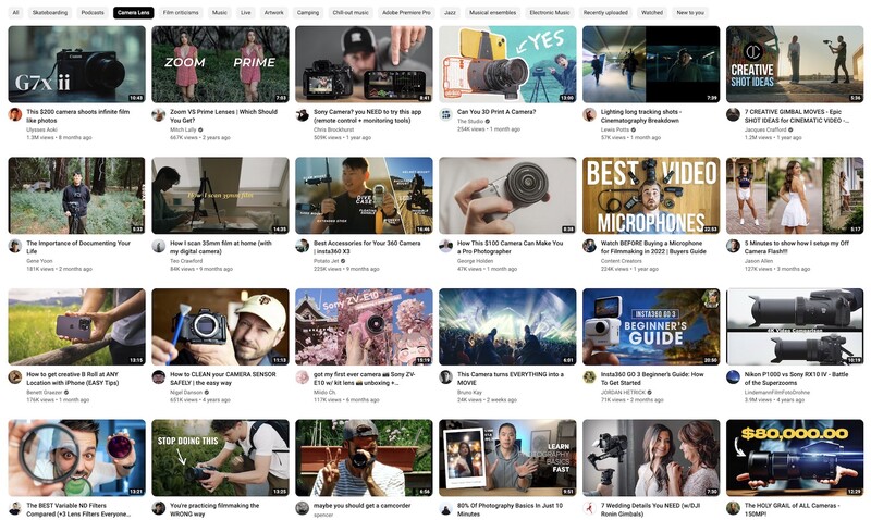 a screenshot of photography videos on YouTube