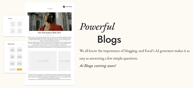 Screenshot of a website layout featuring a fashion photography project titled 'New York Fashion Week 2023' alongside text about AI-generated blog content.
