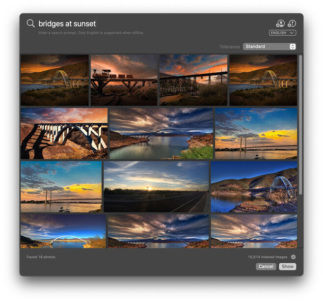 Screenshot of image search results displaying multiple sunset and bridge photographs in a grid layout.