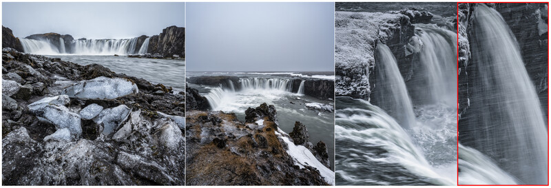 Four waterfall compositions showing cascading water over rocky terrain with long exposure techniques.