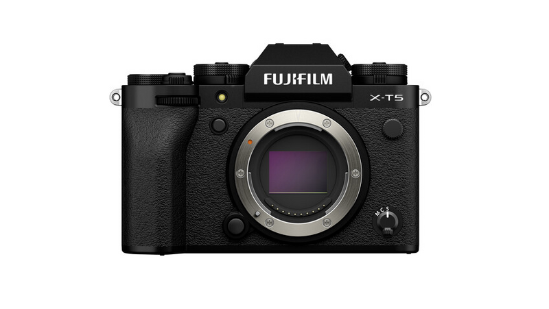 Fujifilm X-T5 mirrorless camera body shown from front with lens mount visible.