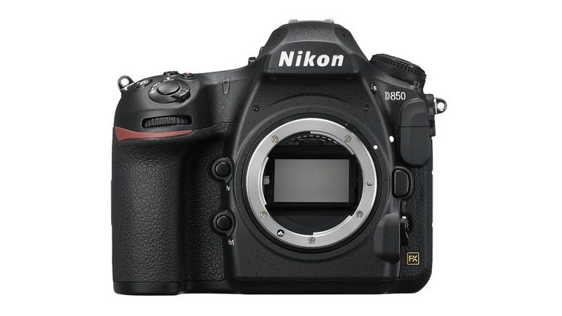 Nikon D850 DSLR camera body with mirror removed, showing sensor and mount against white background.