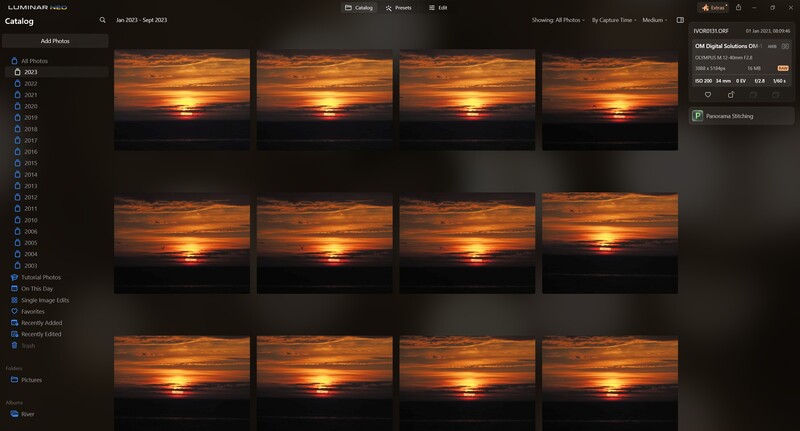 Screenshot of Lightroom catalog displaying a grid of twelve golden sunset photographs with similar compositions.