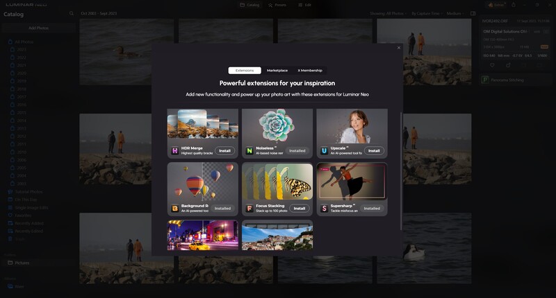 Screenshot of a software interface displaying extension tiles with installation options for creative tools.