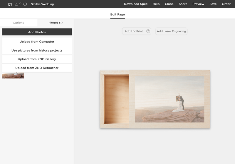 Screenshot of ZNO wedding design software showing photo editing interface with a two-panel layout of a bride in a desert landscape.