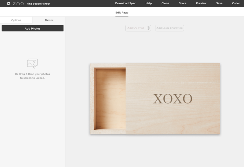 Screenshot of Zno product design interface showing wooden box with sliding lid labeled XOXO