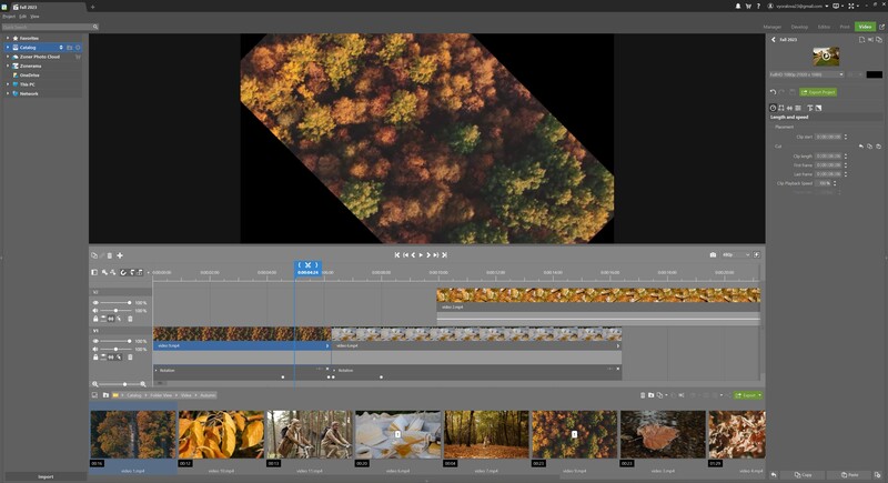 Screenshot of video editing software showing aerial footage of autumn forest with color grading applied.