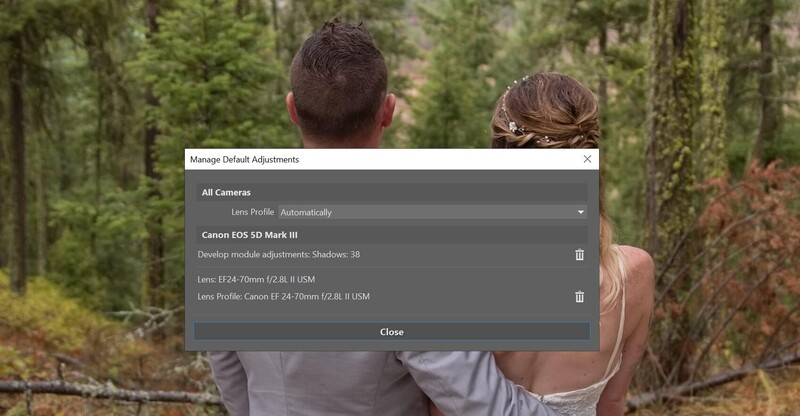 Screenshot of camera lens profile adjustment dialog for Canon EOS 5D Mark III.