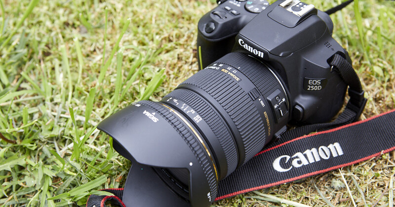 Canon EOS 250D DSLR camera with attached telephoto lens on grass, Canon branded strap visible.