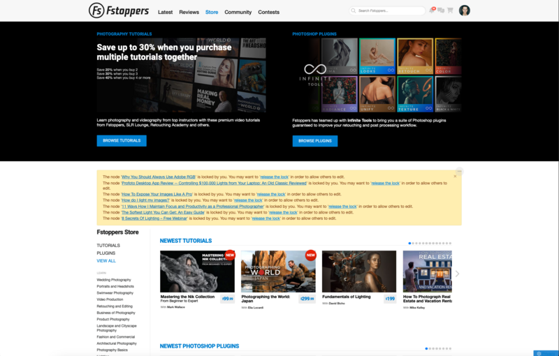 Screenshot of Fstoppers website homepage showing photography tutorials and promotional banners.