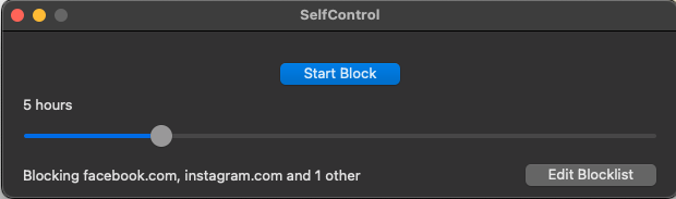 Screenshot of SelfControl app showing a 5-hour blocking session configured to restrict facebook.com, instagram.com, and one other site.