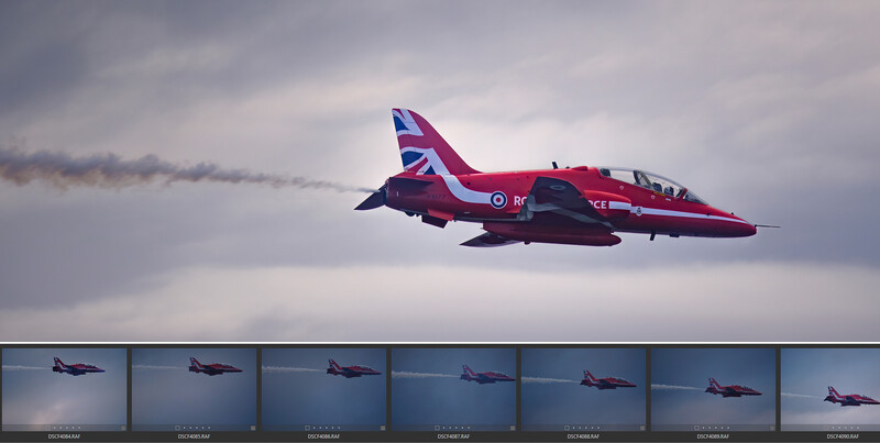 Red and blue RAF aerobatic jet aircraft in flight with smoke trail, shown in motion sequence strip below.