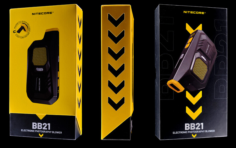 Three product packaging boxes for the Nitecore BB21 electronic photography blower displayed from front and side angles.