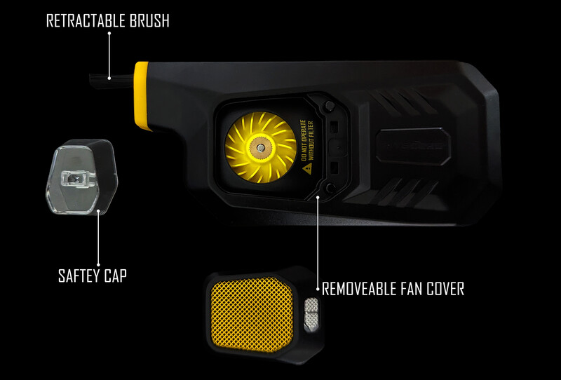 Illustration of a retractable brush cleaning tool with labeled components including a saftey cap, retractable brush, and removable fan cover.