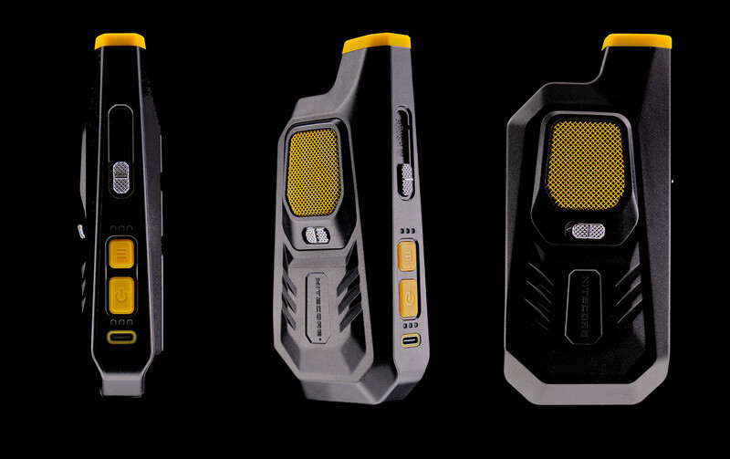 Three rugged handheld devices with yellow and black design shown from front and side angles against black background.