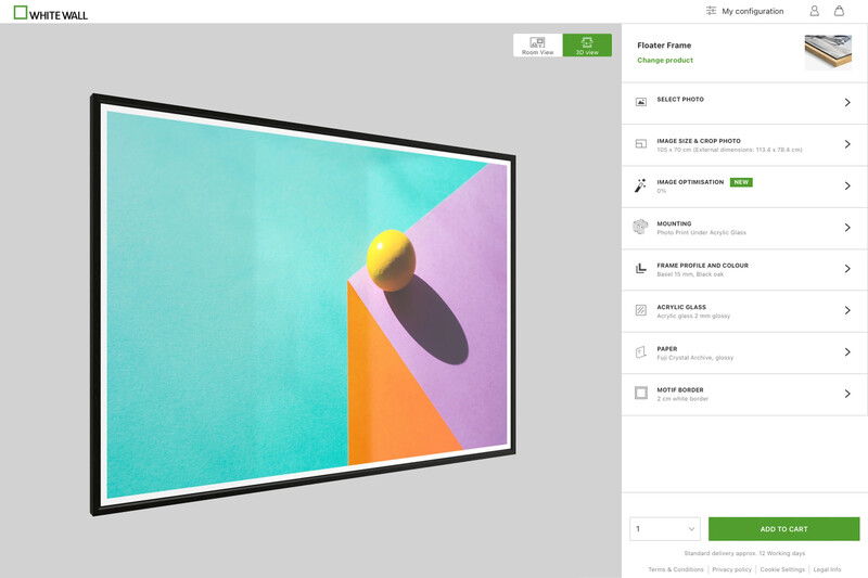 Screenshot of a product configurator showing a framed poster mockup with colorful geometric design on a gray background.
