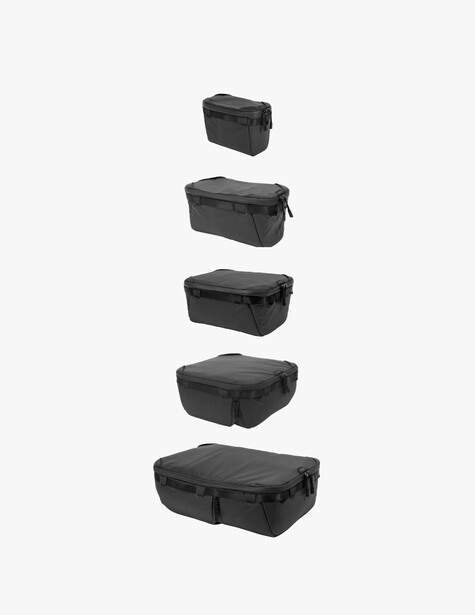 Five black protective cases arranged vertically in increasing size order.